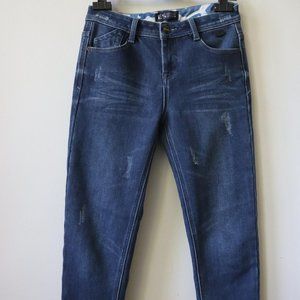 ES Denim dark wash high waisted jeans with blue camo inside lining